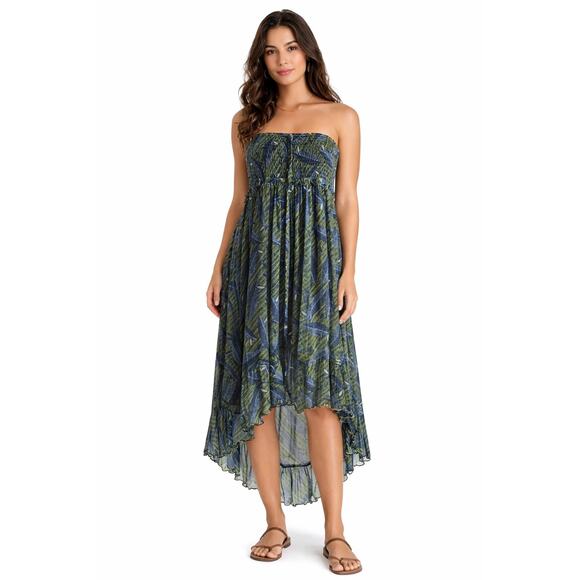 Lapis Women Strapless Sundress L Green Boho Leaf Print High Low Chiffon Festival - Picture 4 of 16